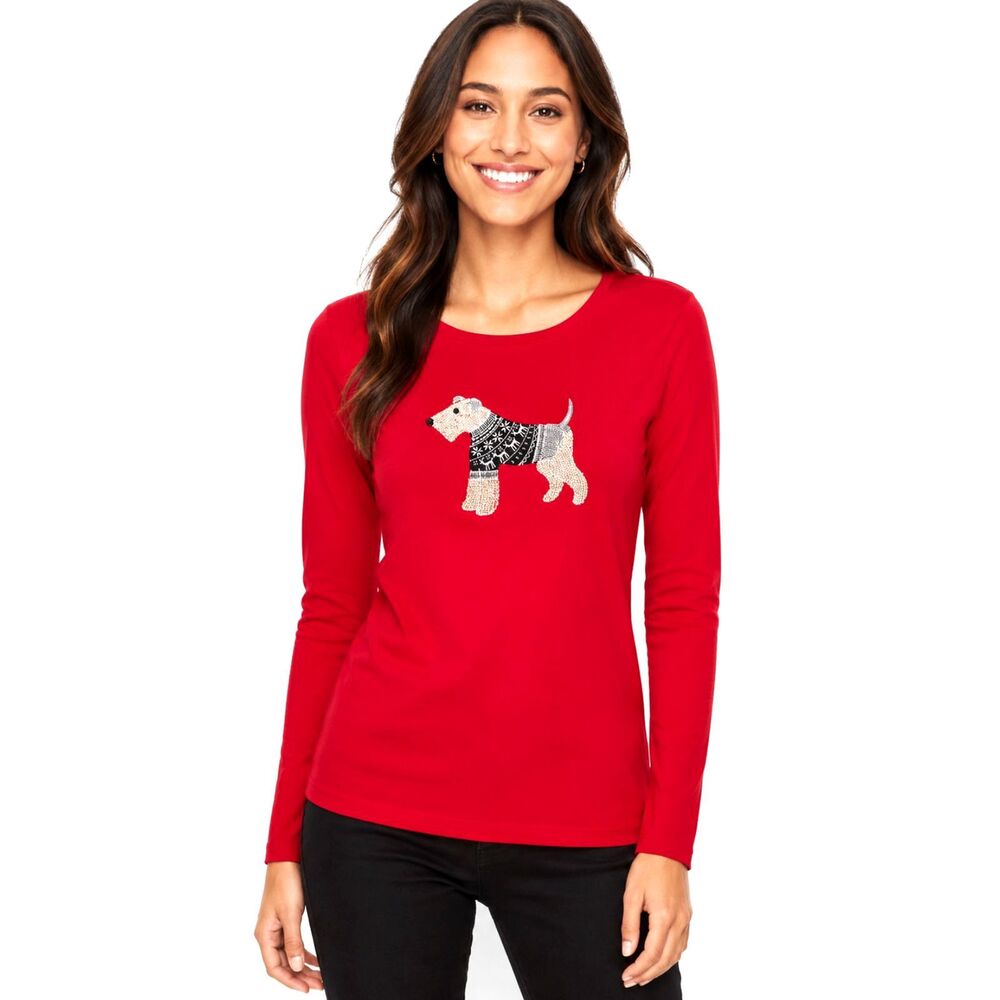 Talbots Red Dog Embroidered Tee L Terrier Holiday Christmas Long Sleeve Top